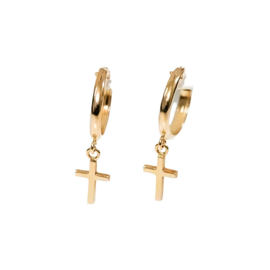 14k Yellow Gold Cross Huggie Earrings