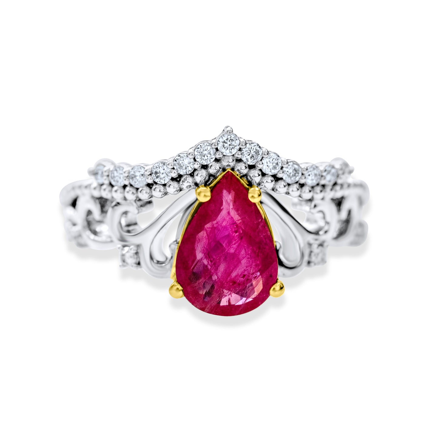 9.5x7mm 14k Two-tone Gold Pear Ruby Ring w/ Diamond Accents