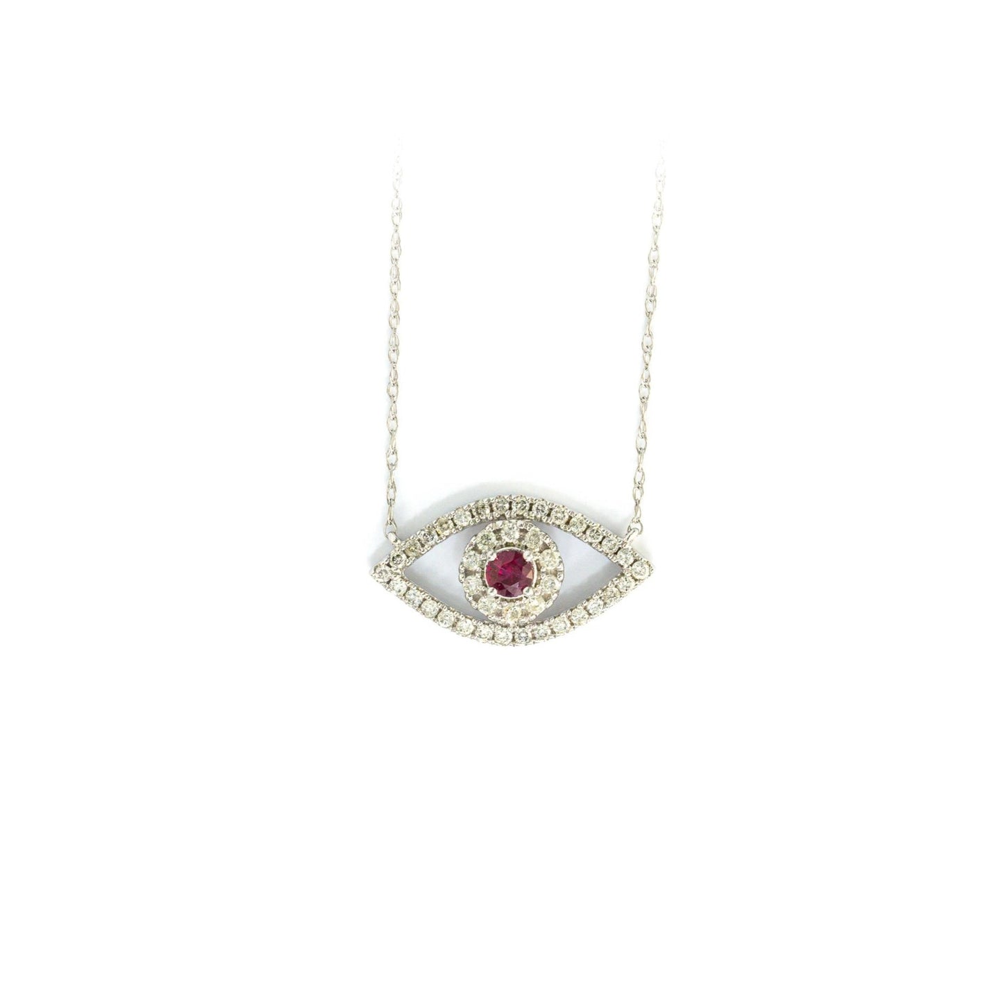 0.25 CTTW 14k White Gold Diamond Evil Eye Pendant w /Ruby